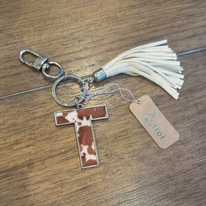 NWT White Tassel & Brown Cowhide 'T' Keychain Charm